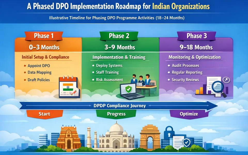 Timeline infographic showing 0–3, 3–9, and 9–18 month phases for DPO implementation under DPDP