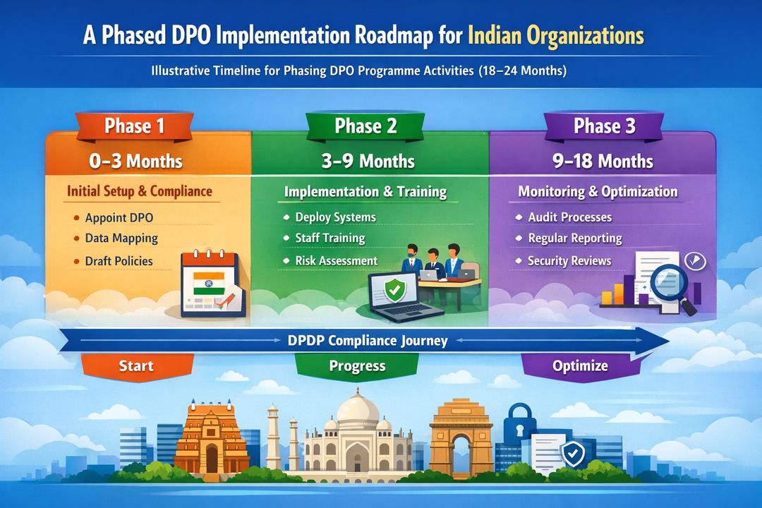 Timeline infographic showing 0–3, 3–9, and 9–18 month phases for DPO implementation under DPDP