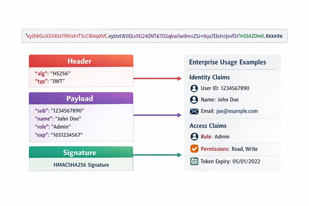 Infographic diagram showing the three parts of a JWT token (header, payload, signature) and example claims used for identity and access.