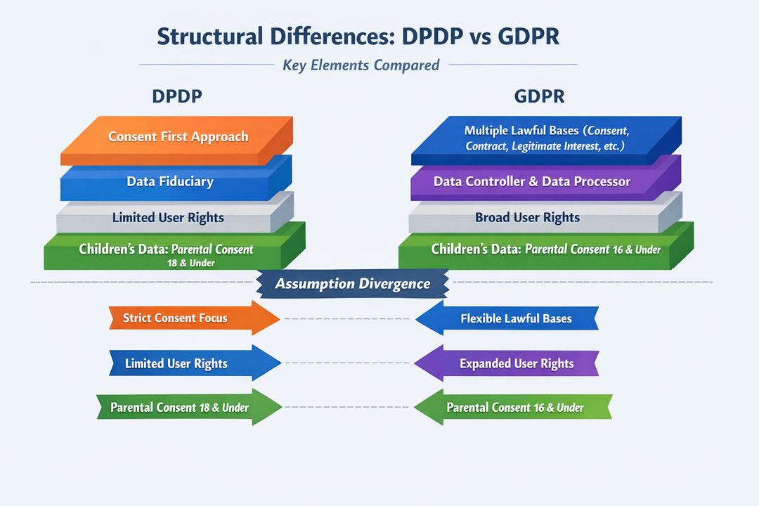 Diagram showing structural differences between DPDP and GDPR, highlighting roles, lawful bases, rights, and children’s data obligations.