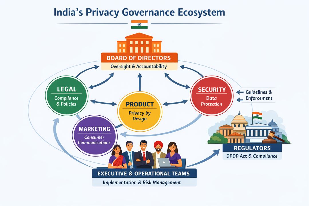 Infographic showing Indian privacy governance ecosystem connecting board, legal, product, security, marketing and regulators