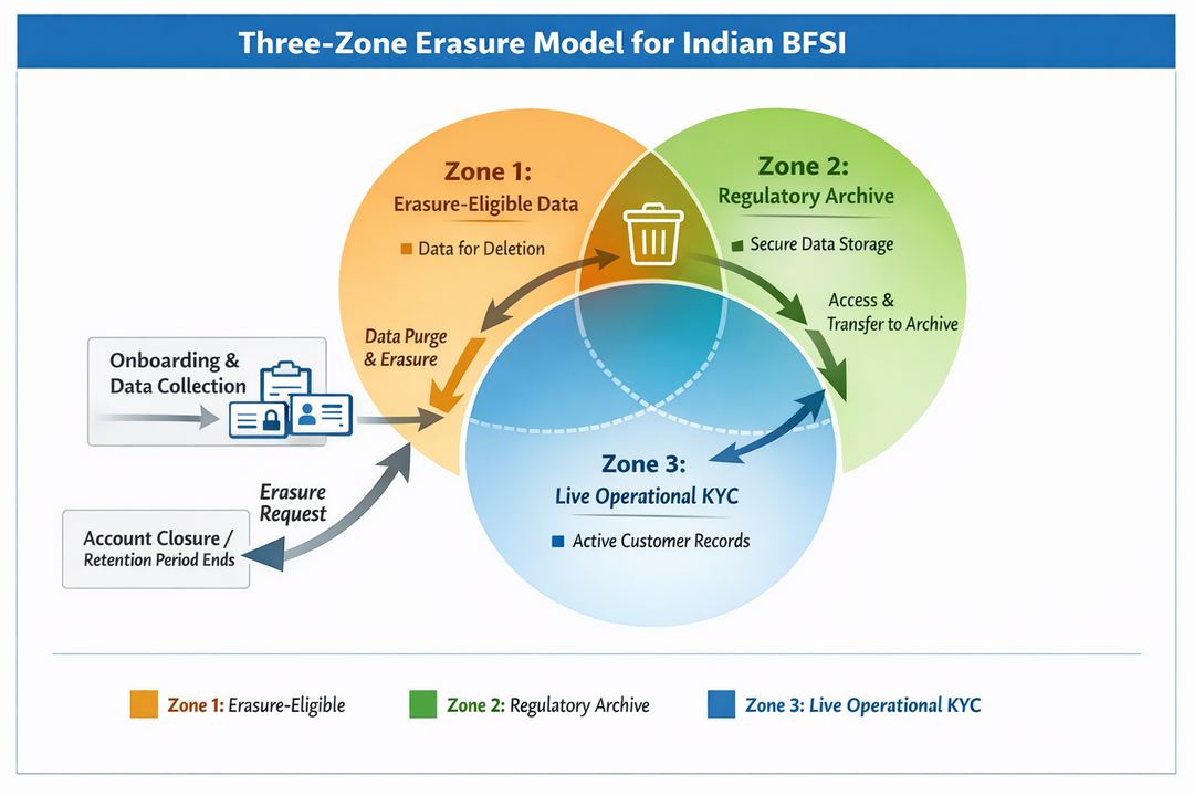 Diagram showing a three-zone DPDP erasure model for Indian BFSI: Zone 1 erasure-eligible, Zone 2 regulatory archive, Zone 3 live operational KYC, with flows from onboarding to archive.