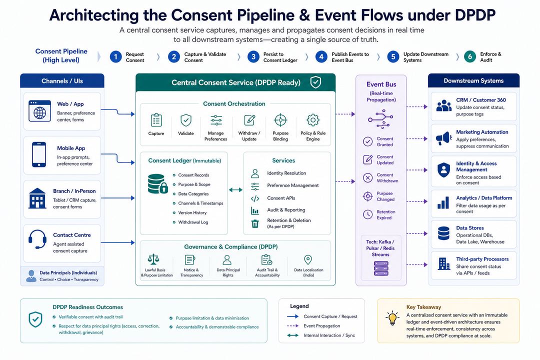 Infographic diagram of a central consent service under DPDP with UIs, consent ledger, event bus, and downstream systems.