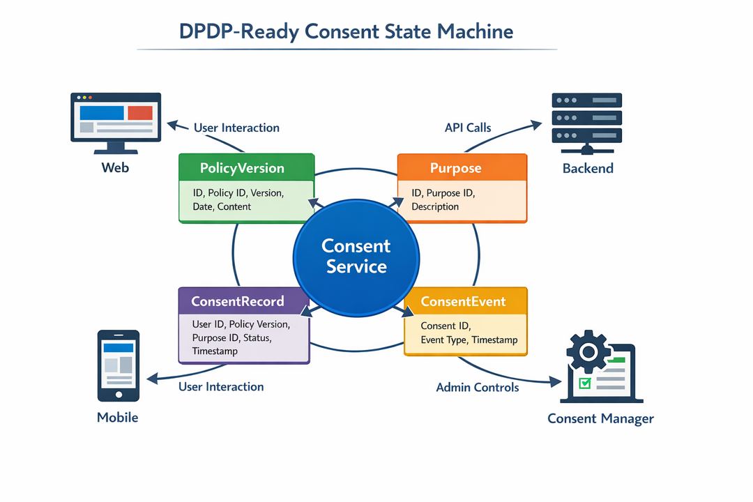 Infographic diagram of a DPDP-ready consent state machine linked to versioned privacy policies and purposes.