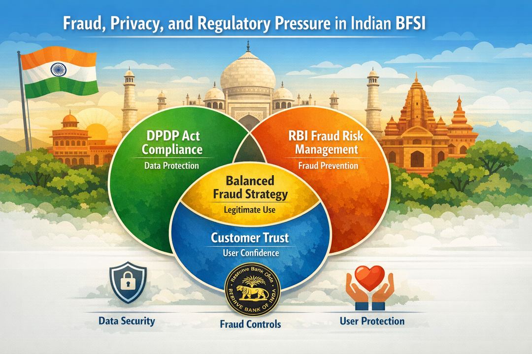 Venn diagram showing overlap between DPDP Act, RBI fraud risk management expectations, and customer trust for Indian BFSI institutions.