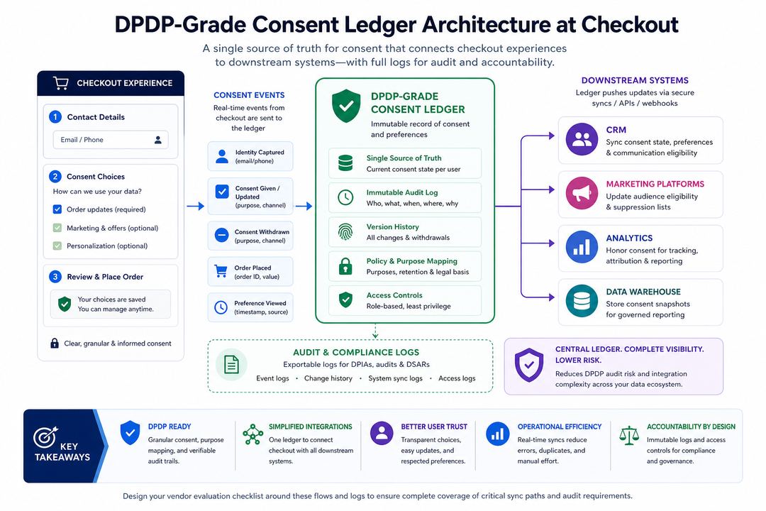 Flow diagram showing checkout screens sending consent events into a central ledger, which then updates CRM, marketing platforms, analytics, and data warehouse systems.