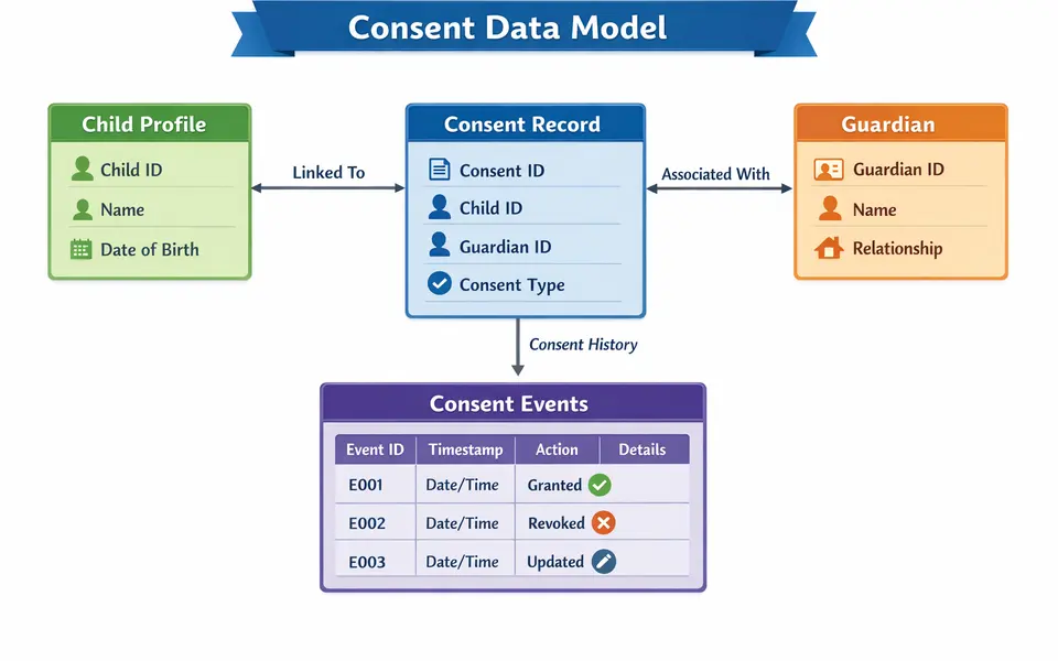 Infographic showing a data model for child profiles, guardians, consent records, and consent events.