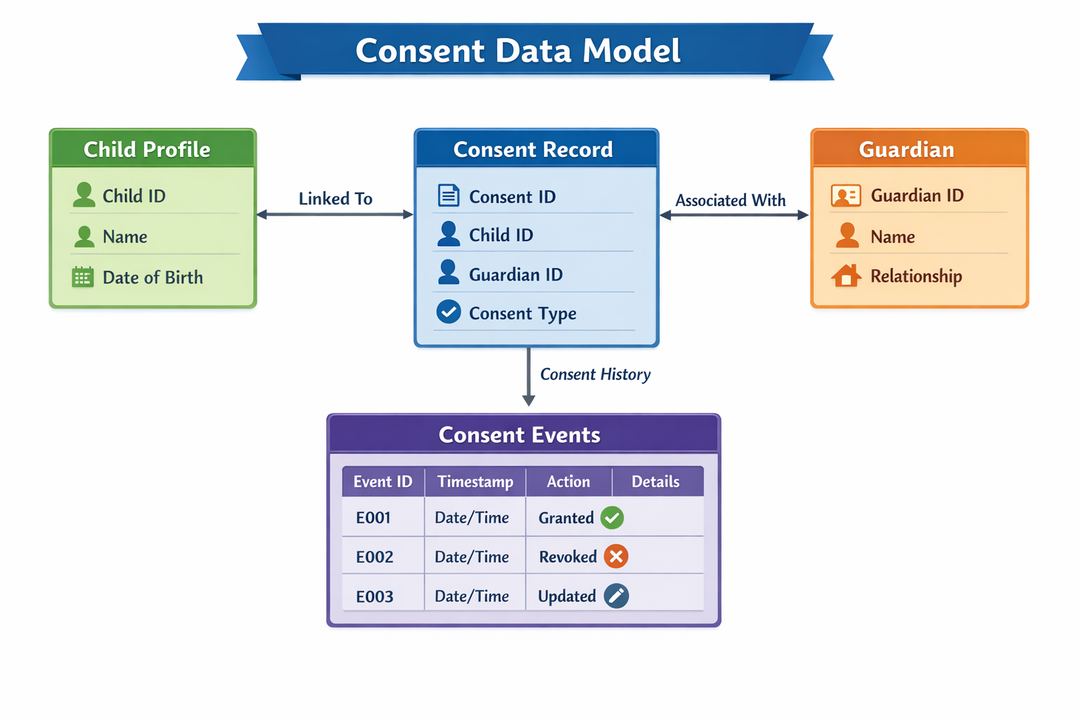 Infographic showing a data model for child profiles, guardians, consent records, and consent events.