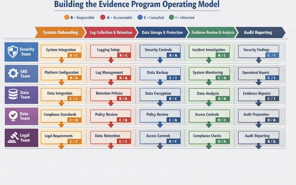 Infographic swimlane diagram showing how security, SRE, data, compliance, and legal teams collaborate in an evidence program from system onboarding to audit reporting.