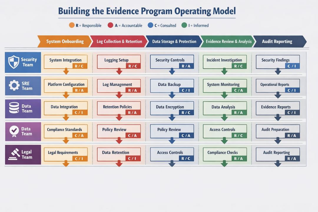 Infographic swimlane diagram showing how security, SRE, data, compliance, and legal teams collaborate in an evidence program from system onboarding to audit reporting.