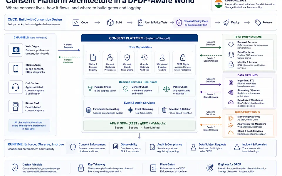 Infographic showing a consent platform at the centre of web, mobile, call-centre, backend services, data pipelines, and third-party tools in a DPDP-aware architecture.