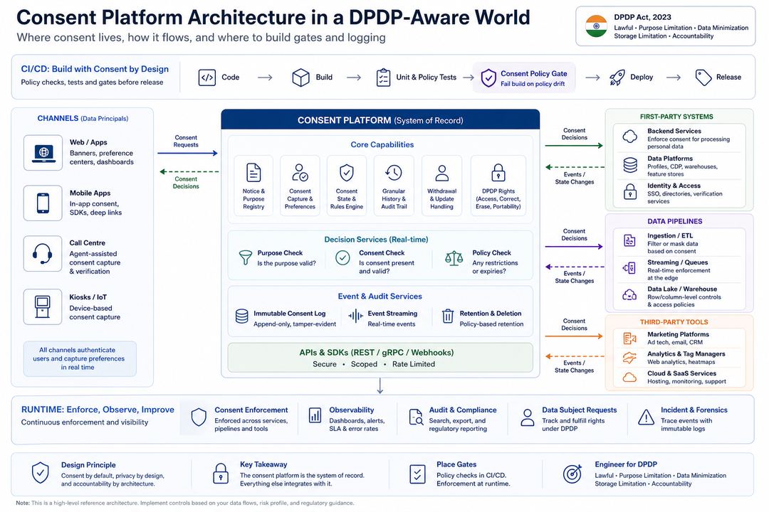 Infographic showing a consent platform at the centre of web, mobile, call-centre, backend services, data pipelines, and third-party tools in a DPDP-aware architecture.