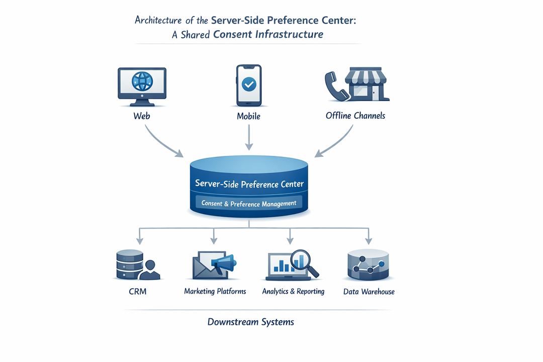 Diagram of web, mobile, and offline channels calling a central server-side preference center, which then orchestrates downstream systems.